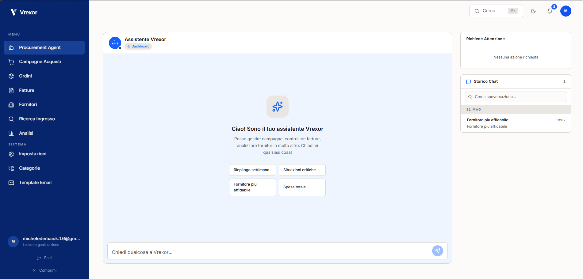 Vrexor assistant screen: chat with quick-action suggestions and a side panel with conversation history.
